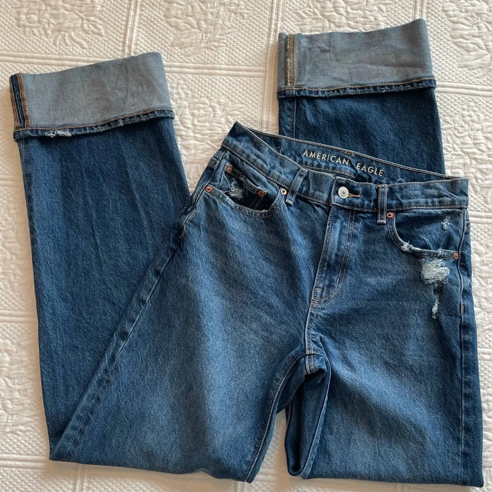 AE Stretch High-Waisted Stovepipe Cuffed Denim Jean Wide Leg Medium Wash 0R - Picture 10 of 16